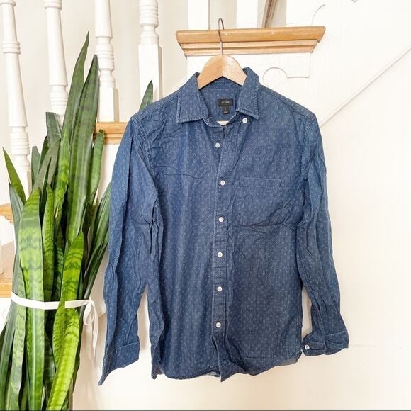 J. Crew Blue Denim Dotted Print Button-Up Long Sleeve Top Size Small - Picture 1 of 6